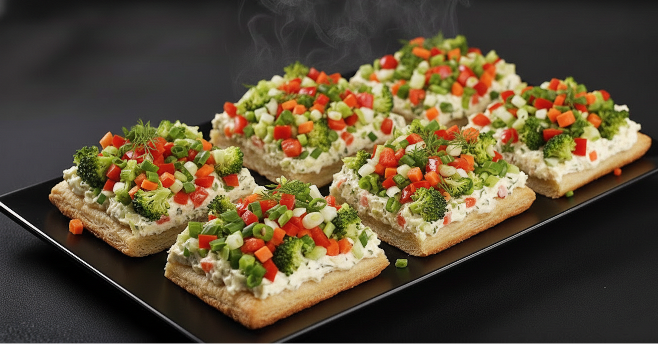 Platter of vegetable-topped bread slices with steam rising, on a dark background